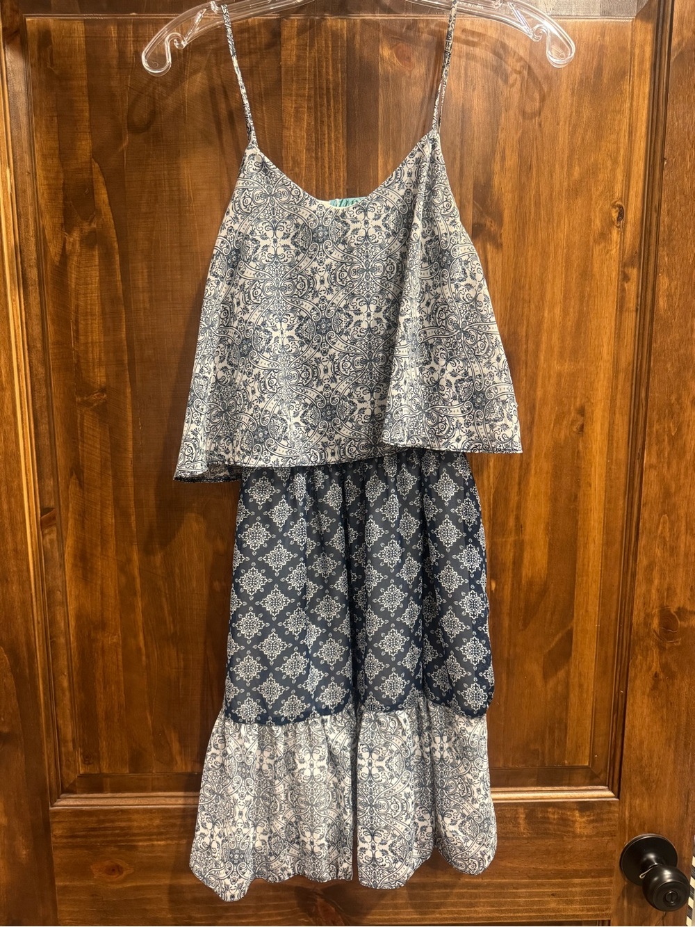 Blue and White Patterned Tiered Dress
